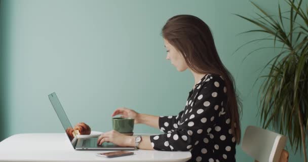 在咖啡馆里工作的女孩的侧面肖像自然日光慢动作文字 年轻的自由撰稿人输入电脑 独自喝咖啡 复制空间 远程工作者女性独立 — 图库视频影像