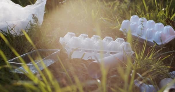 Gezichtloze Vrouwelijke Handen Oprapen Afval Van Grond Zonnige Groene Gras — Stockvideo