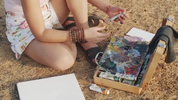 Artiste féminine sans visage préparant des tubes de peinture et de palette assis sur un fond d'herbe sèche. Femme méconnaissable se préparant à peindre en plein air sur la nature. Outils d'art équipement professionnel — Video