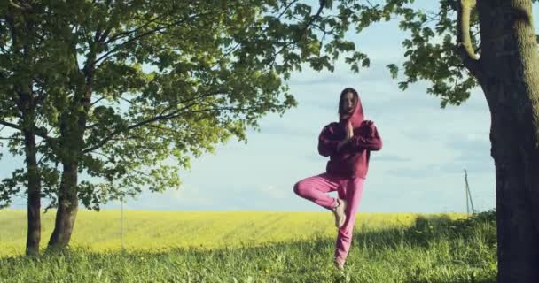 Widok z przodu młodej kobiety ćwiczącej jogę na świeżym powietrzu na tle natury spowolniony ruch. Kobieta jogin dziewczyna stojąca na drzewie pozować vriksasana w przestrzeni tekstowej kopii wsi. Koncepcja zdrowego stylu życia ciała — Wideo stockowe