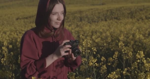 Счастливая женщина-фотограф, фокусирующаяся на винтажной фотокамере за окном на фоне природы. Кавказская девушка в одиночку фотографирует желтое цветочное поле. Оборудование для фотографирования хобби — стоковое видео