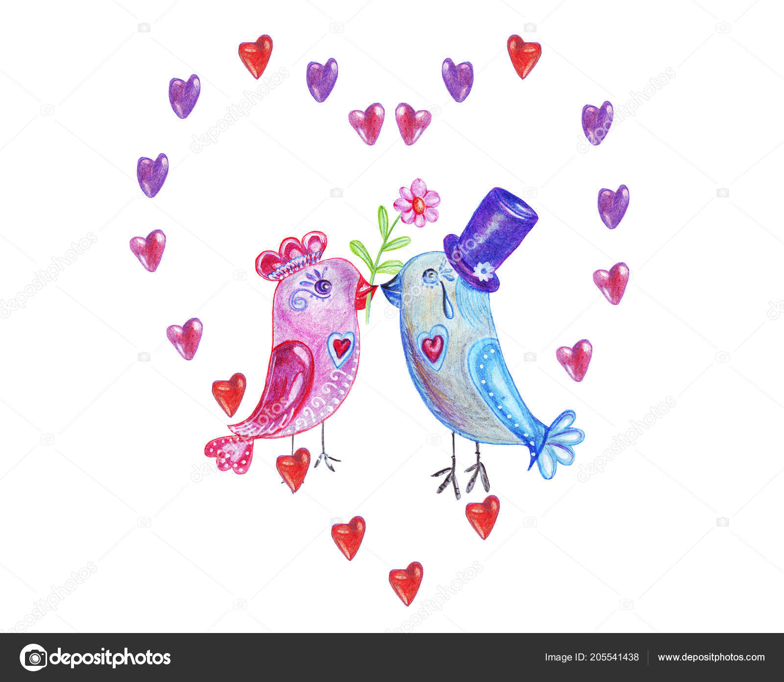 Hand Drawing Watercolor Pencils Boy And Girl Birds Stock Photo By C Tnata09