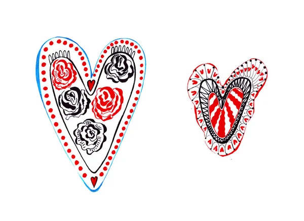 Hand skiss teckning av hjärtan med dekoration — Stockfoto
