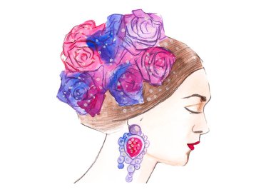 Çiçek çelenk kadında el çizilmiş portresi