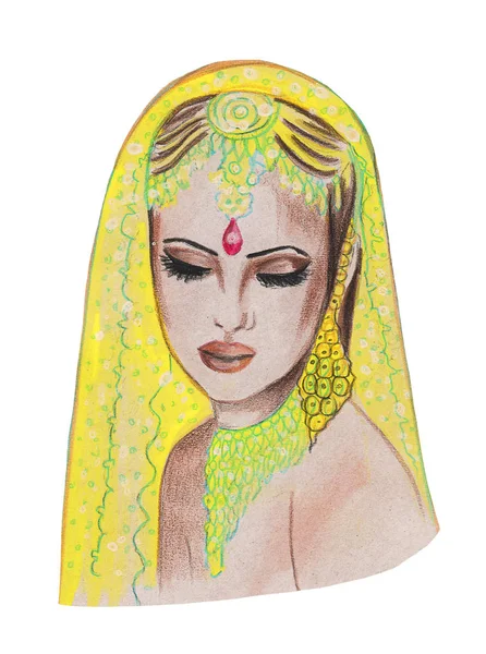 Kézzel rajz portré egy indiai nő szárit — Stock Fotó