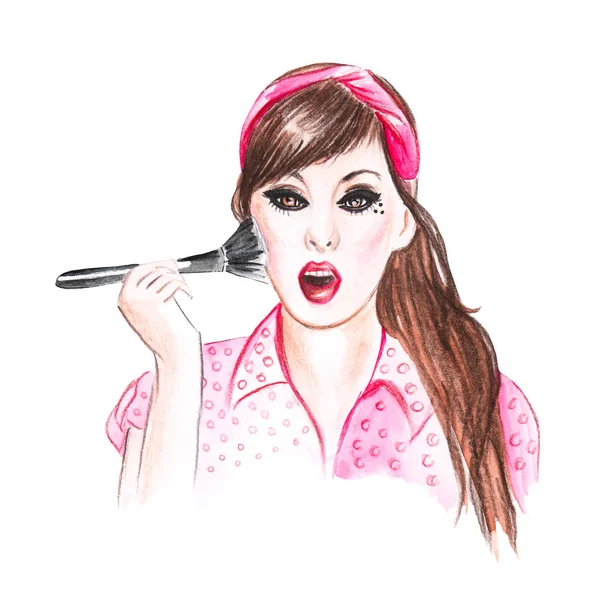 Hand drawing portrait of a girl makeup artist — Stock Photo, Image