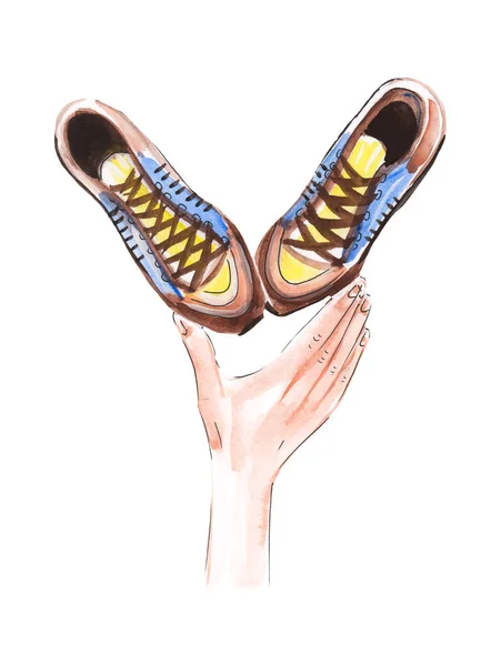 Illustrazione disegno di un acquerello oro scarpe da ginnastica nelle mani di una donna — Foto Stock