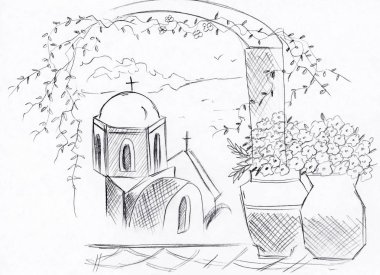 İllüstrasyon kroki bir bina ve santorini Yunanistan görünümlerini çizim 