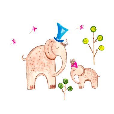 El çizimi sulu boya filler büyük ve küçük çiçekler arasında