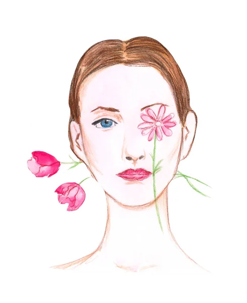 Rysunek Portret Moda Dziewczyna Kwiatami — Zdjęcie stockowe