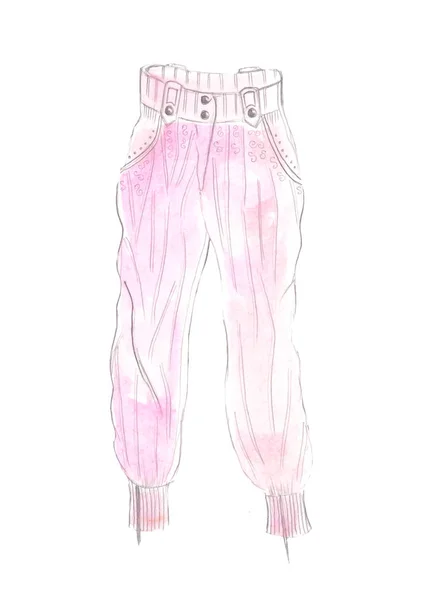 Bir suluboya pembe moda kadın pantolon çizim şekil 