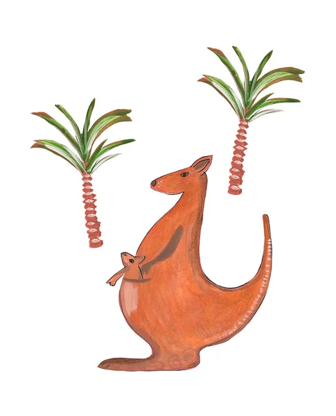 Hand Drawing Watercolor Kangaroo Palm Trees — Stock Photo, Image