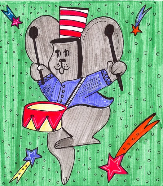 Ручной Рисунок Цветов Цирковой Мыши Играющей Барабане — стоковое фото