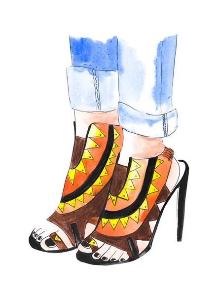 Dessin Main Une Aquarelle Mode Chaussures Talons Hauts Isolé Sur — Photo