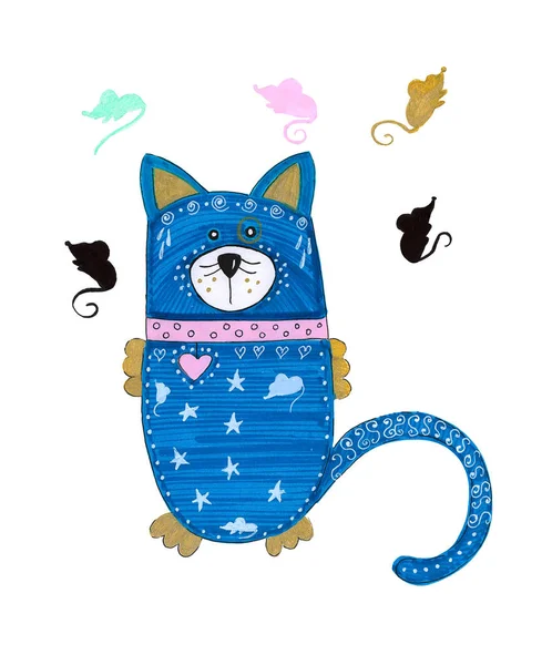 Handzeichnung Einer Aquarellblauen Katze Auf Weiß Isolierten Mustern — Stockfoto