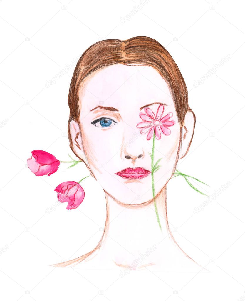 Hand drawing portrait fashion girl with flowers