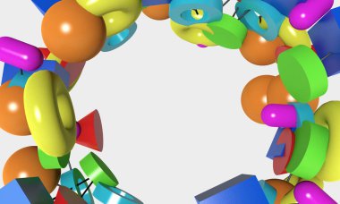 Soyut 3D Illustration bir arka planda içinde bir üst görünüm çerçevesi şeklinde işlenmiş renkli geometrik şekiller.