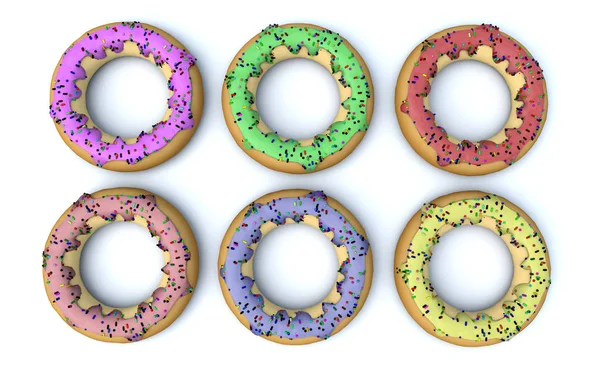 Иллюстрация трехмерного рендеринга, созданного в результате цветных пончиков с разных сторон на белом фоне . — стоковое фото