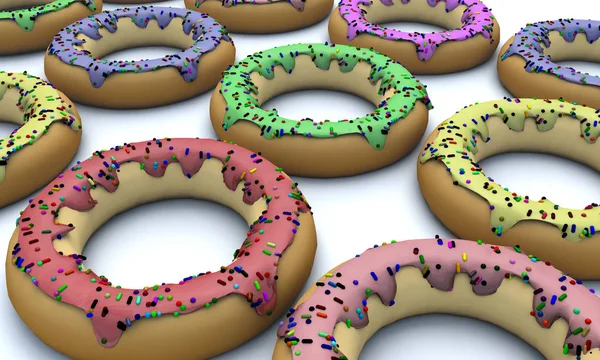 Ilustração de uma renderização 3D criada como resultado de uma exibição de donuts de confeitaria colorida de lados diferentes em um fundo branco . — Fotografia de Stock