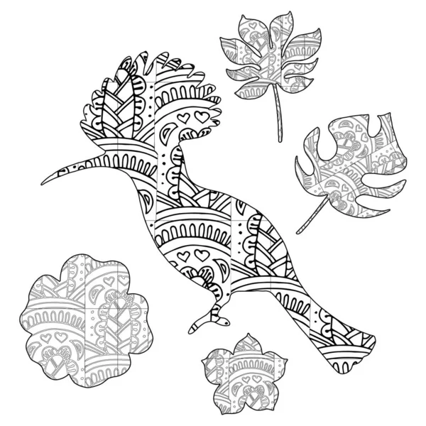 Vektor illustration av en fågel i zentangl stil i svart färg. Zenart är en handgjord ritning av en fågel och löv med ett mönster. — Stock vektor