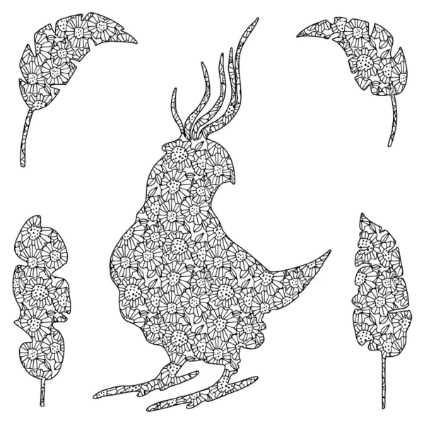 Vector illustratie van een vogel in zentangl stijl in zwarte kleur. Zenart is een handgemaakte tekening van een vogel en bladeren met een patroon. — Stockvector