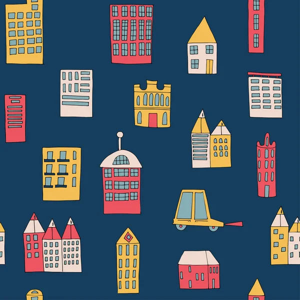 Ilustración vectorial de un edificio de la ciudad en forma de un patrón sin costuras de color. Casas de diferentes formas. Patrón de fondo urbano . — Vector de stock
