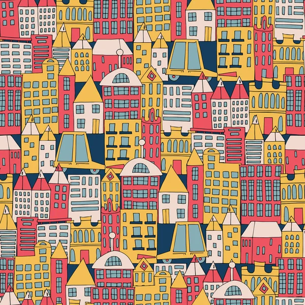Ilustración vectorial de un edificio de la ciudad en forma de un patrón sin costuras de color. Casas de diferentes formas. Patrón de fondo urbano . — Vector de stock