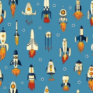 Yıldızlar arasında uzayda roket dikişsiz bir desen vektör Illustration.