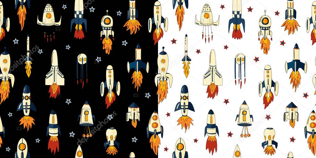 Vector illustration of a seamless pattern of rockets in space among the stars. Rockets in space with stars of different shapes on the background.