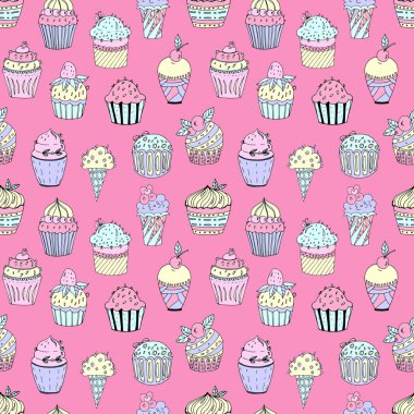 Vektör Illustration farklı renk ve şekiller kek sorunsuz bir desen. Arka planda dolgular ve detaylar ile cupcakes.