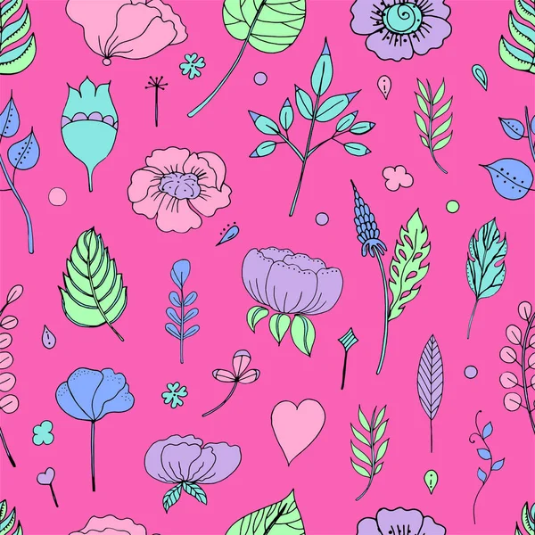 Illustration vectorielle d'un cadre floral en forme de coeur à partir d'éléments floraux, feuilles, bourgeons, fleurs. Modèle sans couture de fleurs de couleurs et de formes . — Image vectorielle