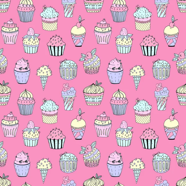 Ilustração vetorial de um padrão contínuo de bolos de diferentes cores e formas. Cupcakes com recheios e detalhes sobre o fundo . —  Vetores de Stock