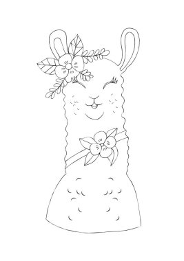 İzole beyaz bir arka plan üzerinde çiçekler ve bitkiler arasında bir hayvan alpaka siyah mürekkep çizim çizim illüstrasyon.