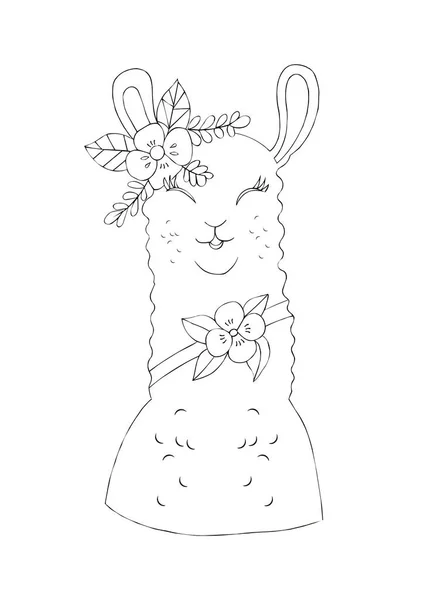 Ilustración Dibujo Tinta Negra Una Alpaca Animal Entre Flores Plantas — Foto de Stock