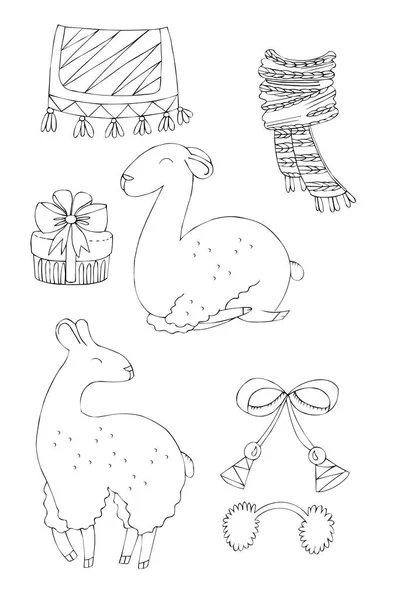 Illustration Black Ink Drawing Animal Alpaca Flowers Plants Isolated White — Stock Photo, Image