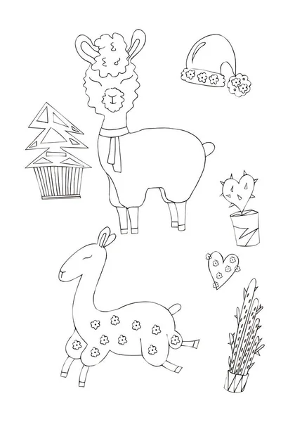 Ilustracja Czarnego Rysunku Tuszu Zwierzęcia Alpaca Wśród Kwiatów Roślin Białym — Zdjęcie stockowe