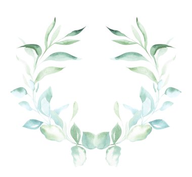 Yeşil bitkilerin ve yaprakların dekoratif öğelerini izole beyaz bir arka plan üzerinde çerçeve şeklinde çizerek suluboya çizim İllüstrasyon.