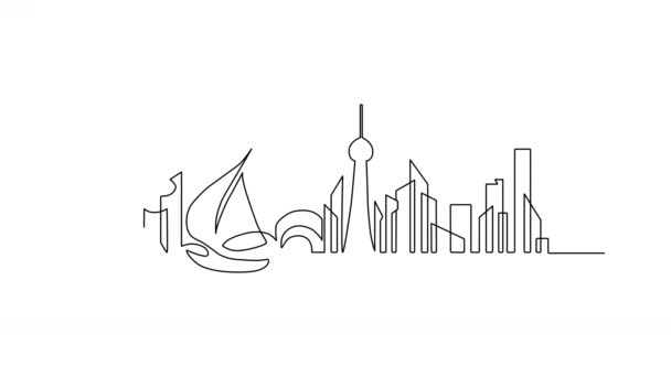 Abstraktní kresba s obrysový linií kresby velkého moderního městského panoramatu na pozadí. — Stock video