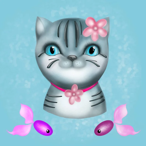 Цифровая Иллюстрация Головки Кошки Полосками Тенями Синем Текстурном Фоне — стоковое фото