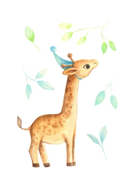 Иллюстрация Красочного Акварельного Животного Жирафа Стоящего Среди Зеленых Листьев Белом — стоковое фото