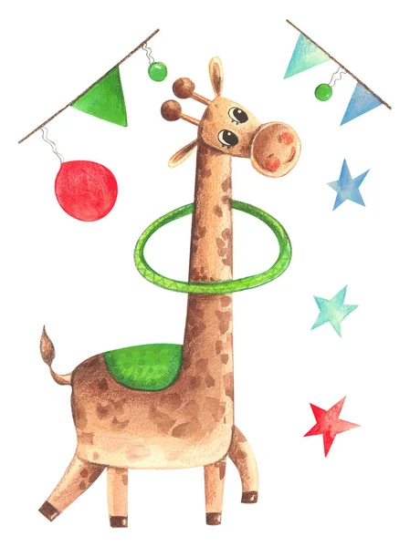 Illustration Colorful Watercolor Animal Character Giraffe Juggles Objects White Isolated — Stock Photo, Image