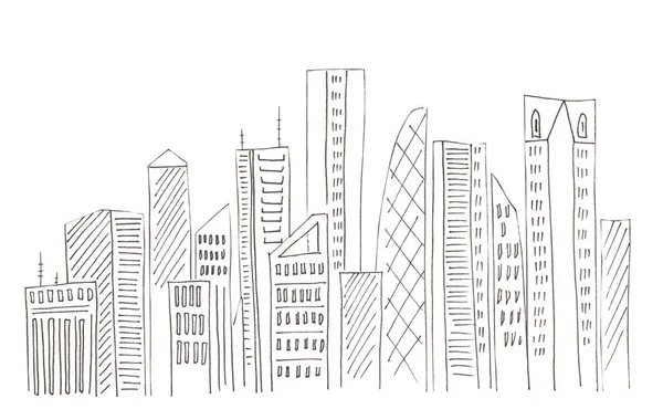 Beyaz izole arka plan üzerinde siluet şehirlerin siyah kontur çizim çizim çizim çizim.