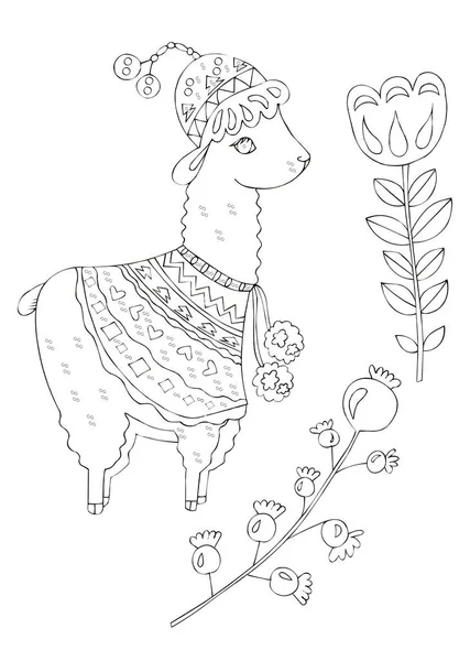 Ilustracja Czarnego Rysunku Tuszu Zwierzęcia Alpaca Wśród Kwiatów Roślin Białym — Zdjęcie stockowe