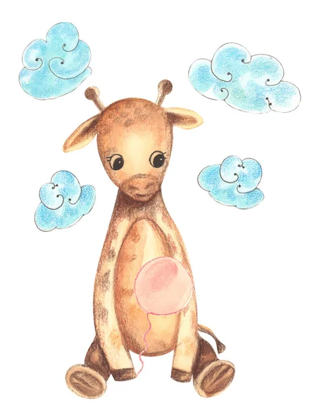 Ilustração Colorido Aquarela Personagem Animal Girafa Sentado Entre Nuvens Azuis — Fotografia de Stock