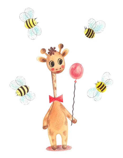 Ilustração Uma Girafa Caráter Animal Aquarela Colorida Segurando Balão Fundo — Fotografia de Stock