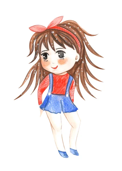Illustratie Kleur Tekening Van Aquarel Manga Meisje Kleren Een Witte — Stockfoto