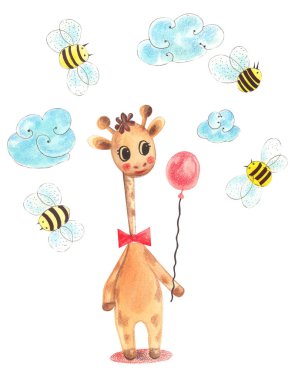 Renkli bir suluboya hayvan karakter zürafa çizim ayakta ve beyaz izole arka plan üzerinde bir balon tutan.