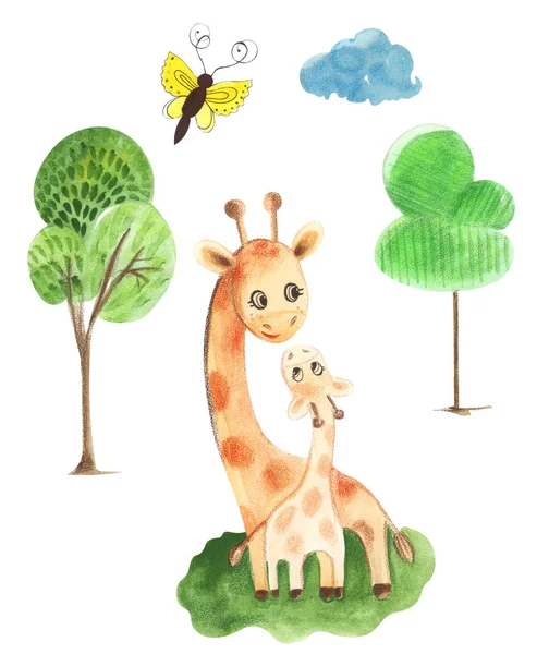 Ilustração Cor Aquarela Personagem Animal Girafa Mãe Filho Juntos Entre — Fotografia de Stock