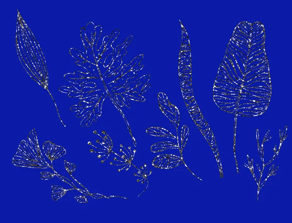 Ілюстрація Малювання Ескізу Срібному Кольорі Глиняними Контурами Листя Екзотичних Рослин — стокове фото