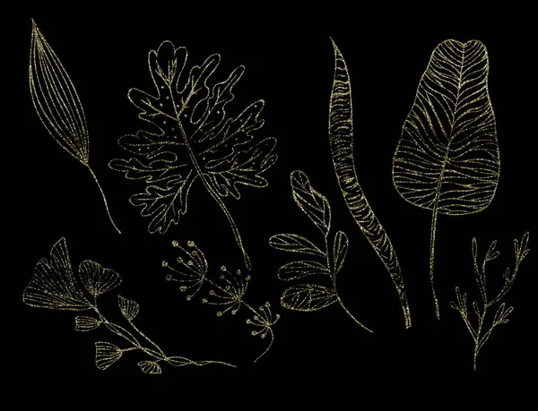 Ilustrace Kresby Zlatá Barva Jiskřími Obrysy Listí Exotických Rostlin Izolované — Stock fotografie